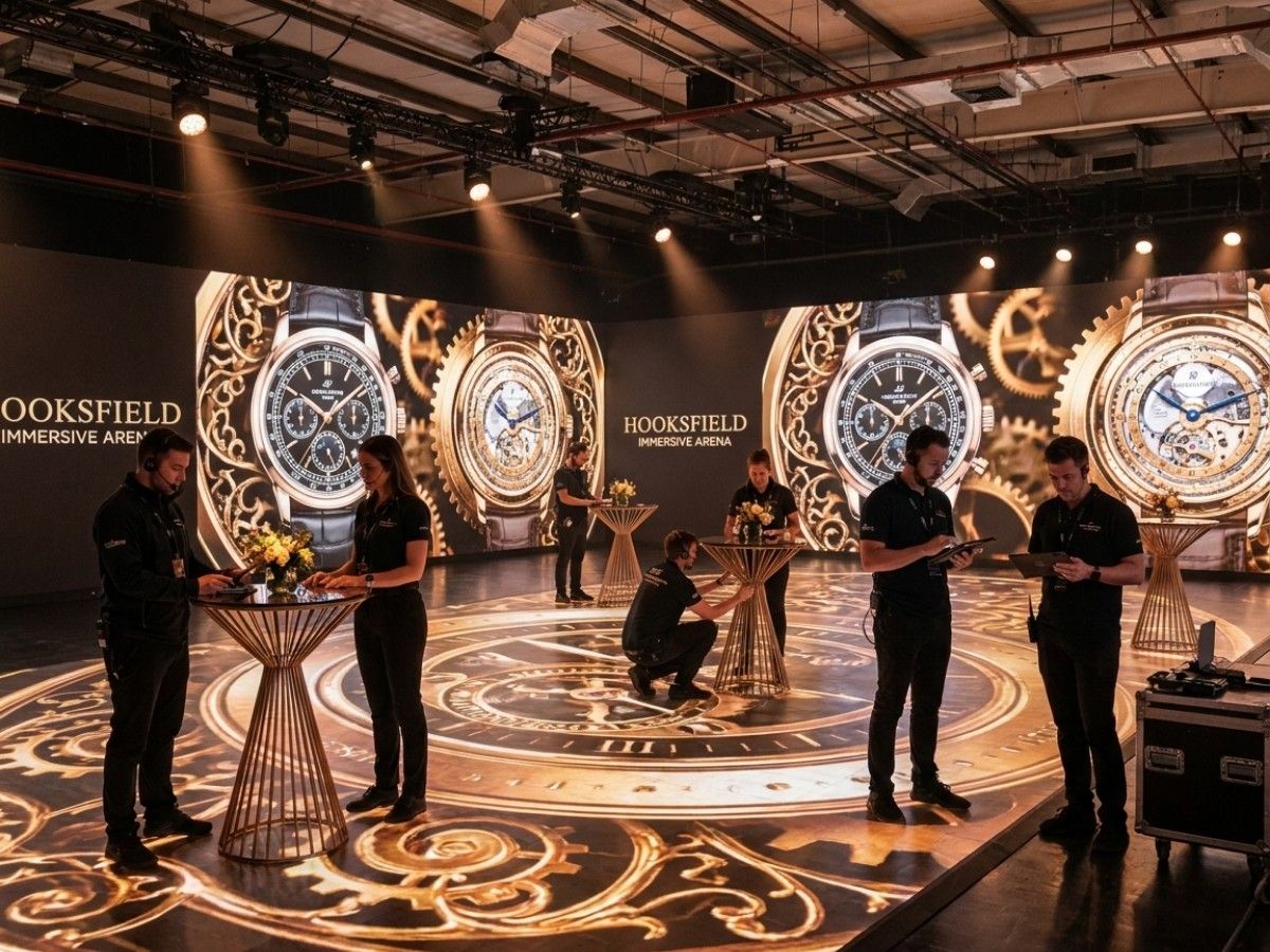 A production crew setting up in the WH6 arena