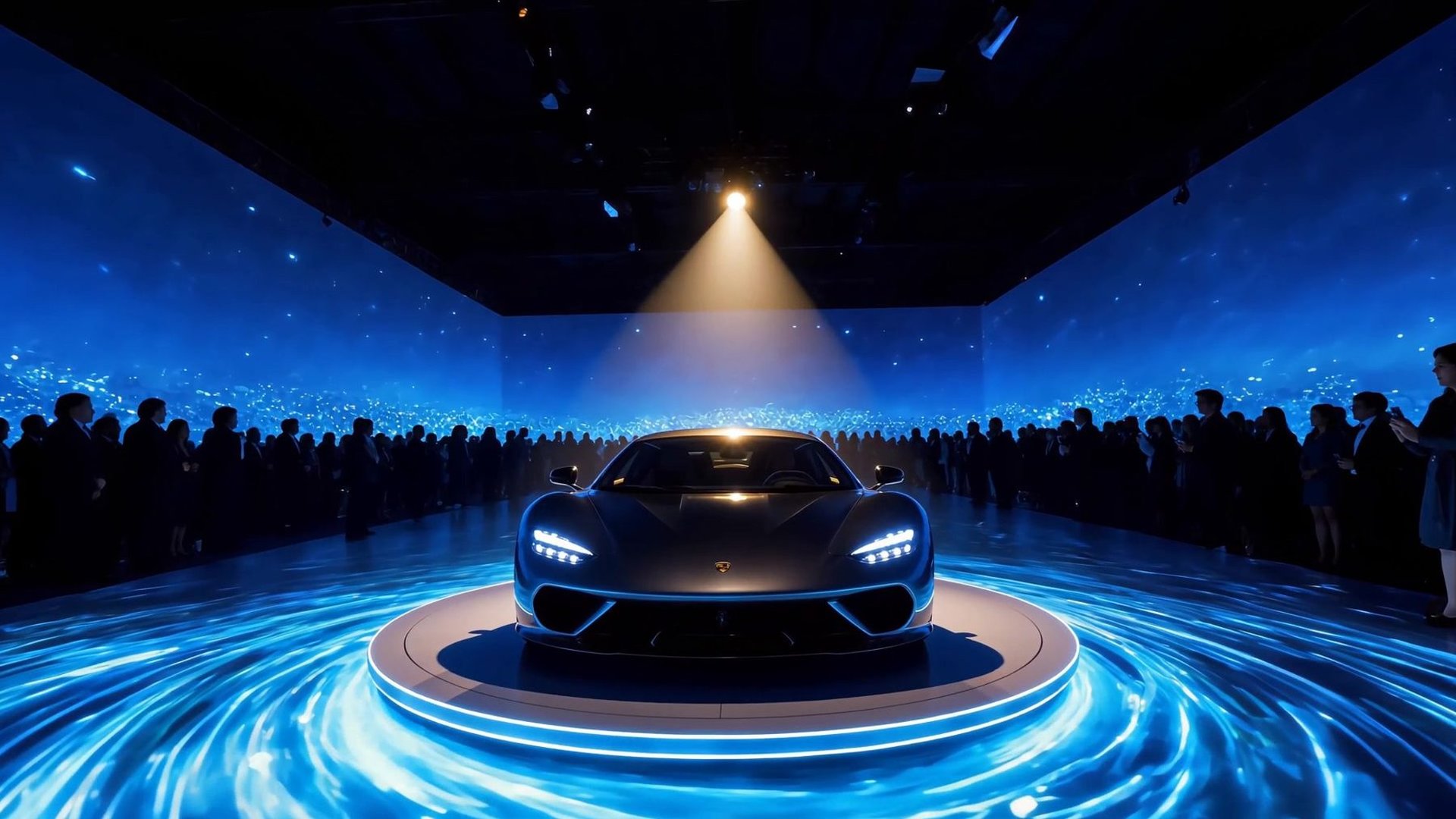A car under a single spotlight at the centre of the projected WH6 floor, the audience around it