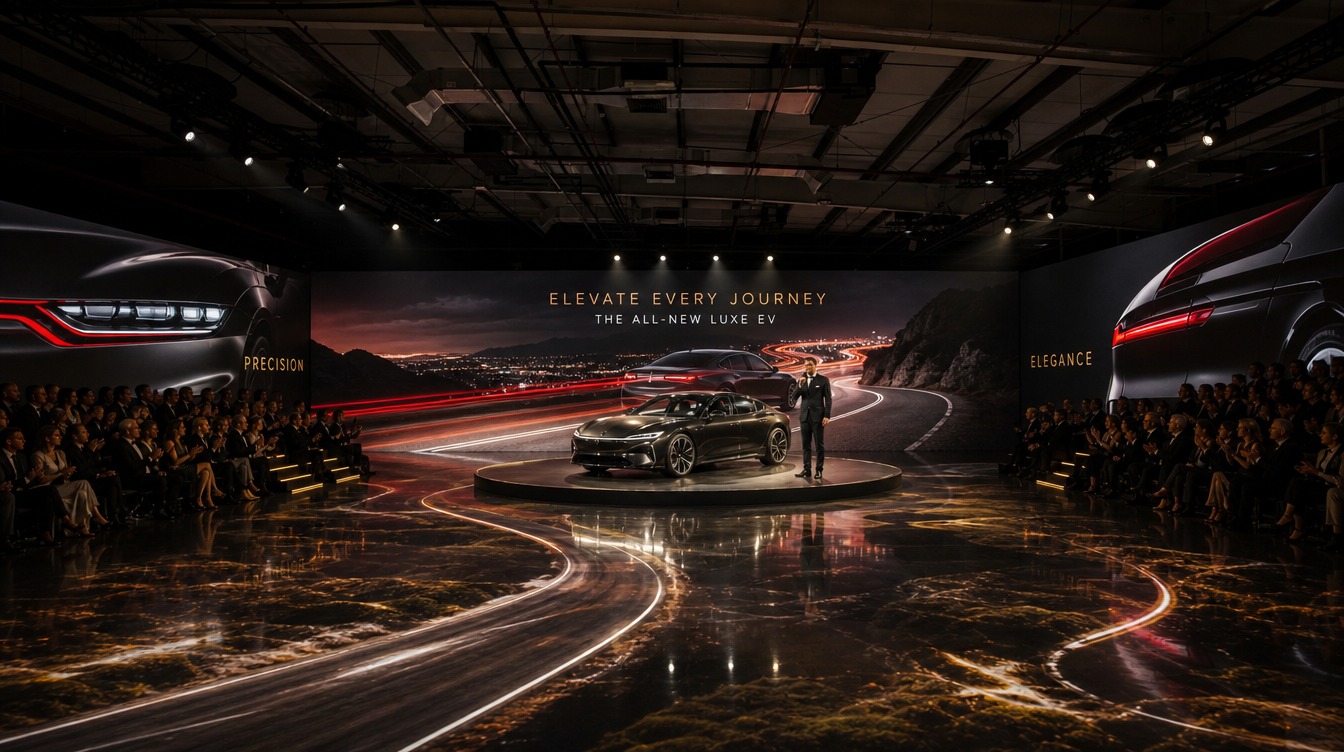 A car revealed through haze on a lit plinth in the WH6 arena
