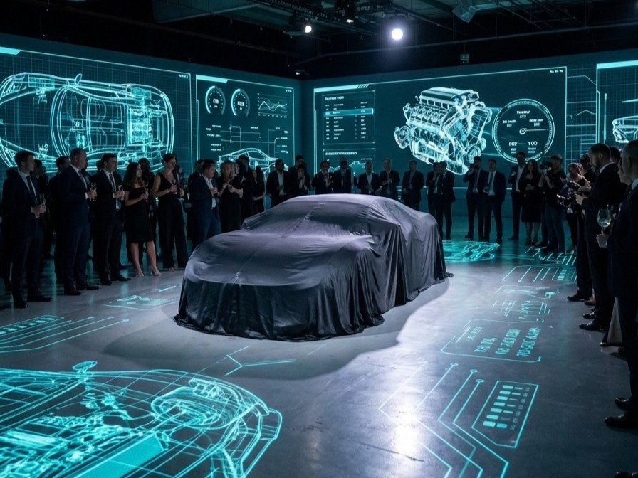 A car at the centre of the WH6 hall, rings of light on the floor and guests all around